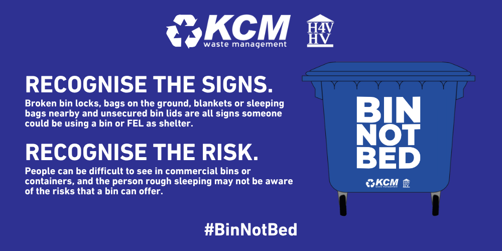 Bin Not Bed graphic showing signs someone may be sleeping in a commercial bin, including broken locks, bags, blankets and unsecured lids