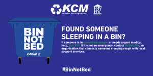 Bin Not Bed graphic explaining what to do if you find someone sleeping in a commercial bin
